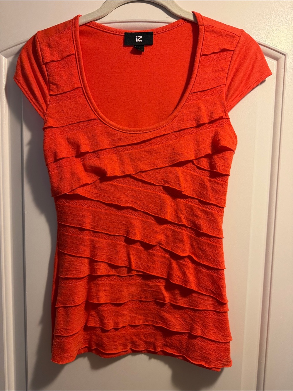 iZ Byer Orange Layered Fabric Strip Scoop Neck Cap Sleeve Top - XS